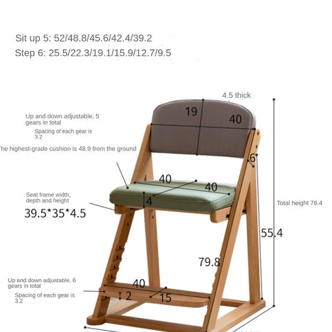 Beech Solid Wood Adjustable Lift Learning Chair Kids Study Chair with Soft Cushion Backrest & Footrest Brown