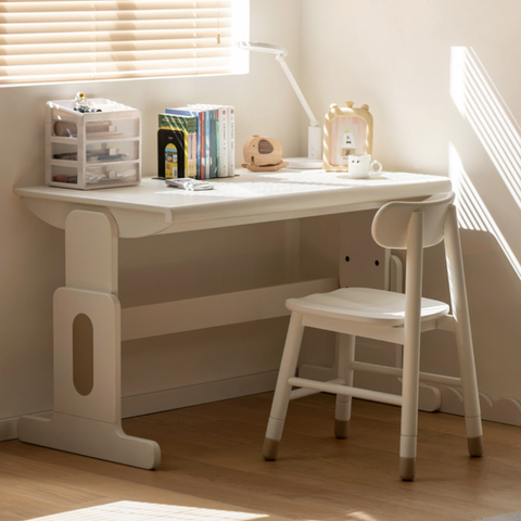 Beech Solid Wood Adjustable White Study Desk for Children & Students with Lift Height & Storage
