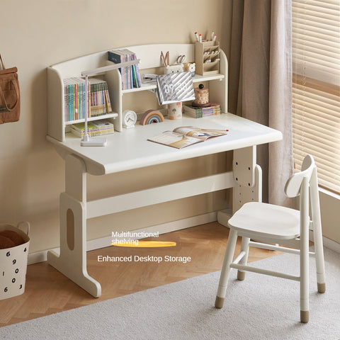 Beech Solid Wood Adjustable White Study Desk for Children & Students with Lift Height & Storage