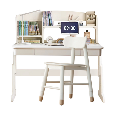 Beech Solid Wood Adjustable White Study Desk for Children & Students with Lift Height & Storage