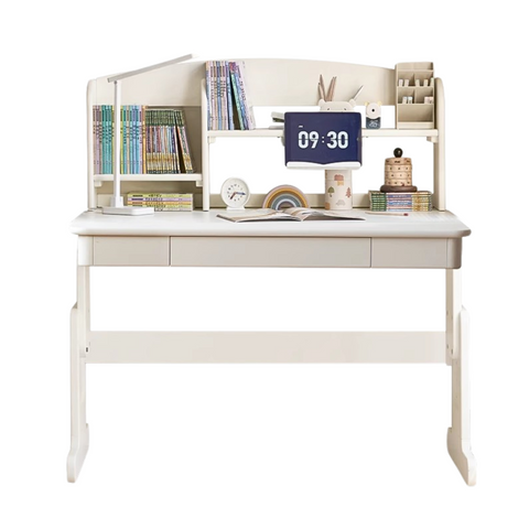 Beech Solid Wood Adjustable White Study Desk for Children & Students with Lift Height & Storage