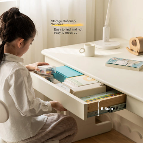 Beech Solid Wood Adjustable White Study Desk for Children & Students with Lift Height & Storage