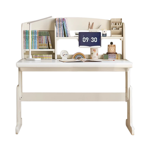 Beech Solid Wood Adjustable White Study Desk for Children & Students with Lift Height & Storage