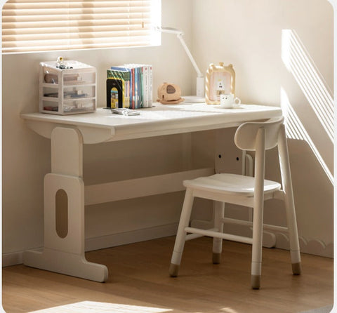 Beech Solid Wood Adjustable White Study Desk for Children & Students with Lift Height & Storage