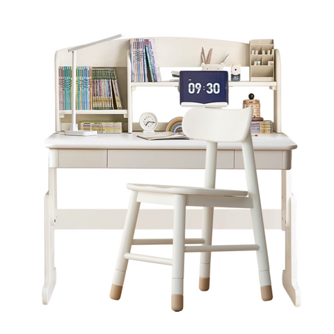 Beech Solid Wood Adjustable White Study Desk for Children & Students with Lift Height & Storage