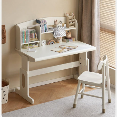 Beech Solid Wood Adjustable White Study Desk for Children & Students with Lift Height & Storage