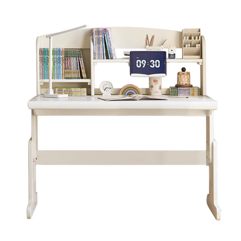 Beech Solid Wood Adjustable White Study Desk for Children & Students with Lift Height & Storage