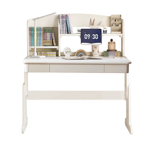 Beech Solid Wood Adjustable White Study Desk for Children & Students with Lift Height & Storage