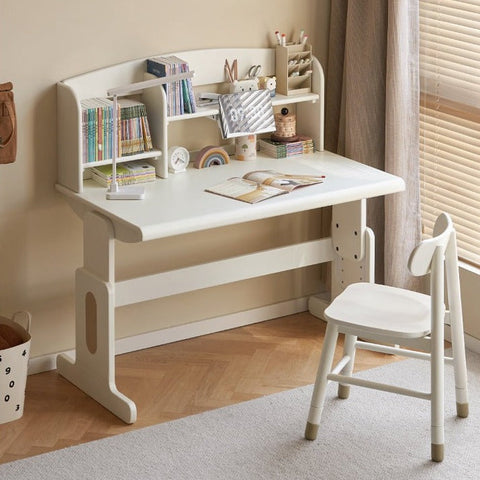 Beech Solid Wood Adjustable White Study Desk for Children & Students with Lift Height & Storage