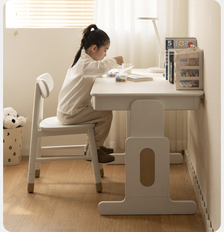 Beech Solid Wood Adjustable White Study Desk for Children & Students with Lift Height & Storage