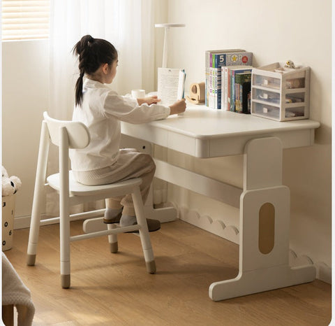Beech Solid Wood Adjustable White Study Desk for Children & Students with Lift Height & Storage