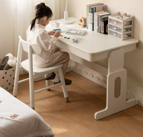 Beech Solid Wood Adjustable White Study Desk for Children & Students with Lift Height & Storage