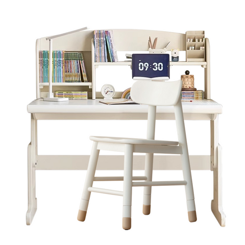 Beech Solid Wood Adjustable White Study Desk for Children & Students with Lift Height & Storage