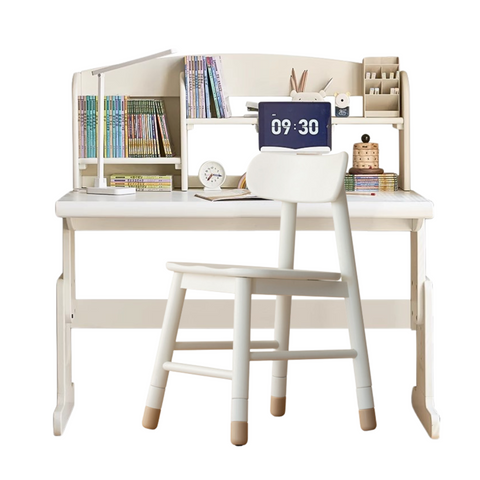 Beech Solid Wood Adjustable White Study Desk for Children & Students with Lift Height & Storage