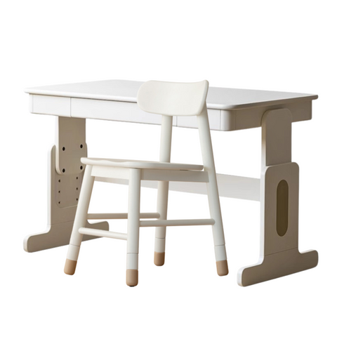 Beech Solid Wood Adjustable White Study Desk for Children & Students with Lift Height & Storage