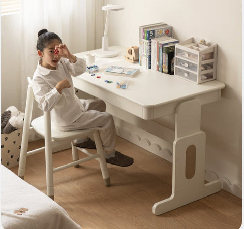 Beech Solid Wood Adjustable White Study Desk for Children & Students with Lift Height & Storage