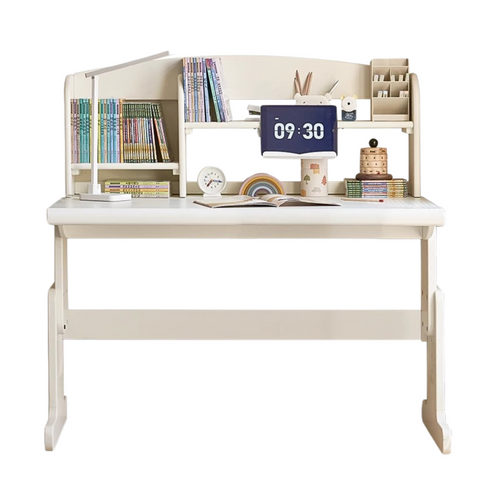 Beech Solid Wood Adjustable White Study Desk for Children & Students with Lift Height & Storage