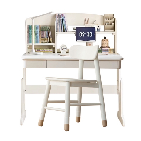 Beech Solid Wood Adjustable White Study Desk for Children & Students with Lift Height & Storage