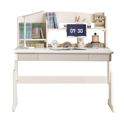 Beech Solid Wood Adjustable White Study Desk for Children & Students with Lift Height & Storage