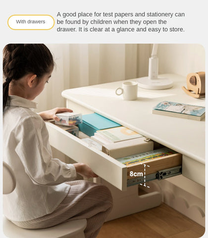 Beech Solid Wood Adjustable White Study Desk for Children & Students with Lift Height & Storage