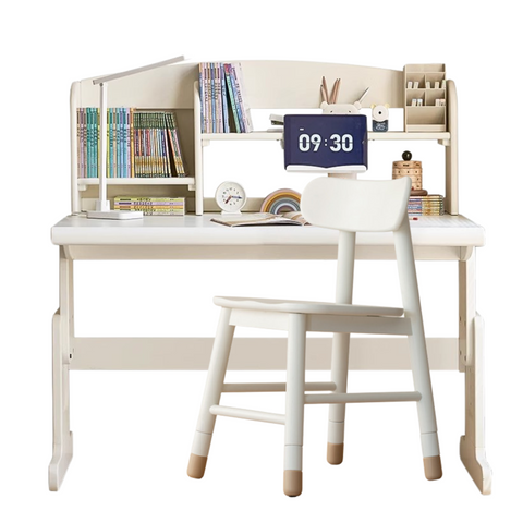 Beech Solid Wood Adjustable White Study Desk for Children & Students with Lift Height & Storage