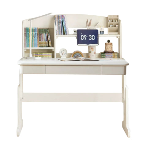 Beech Solid Wood Adjustable White Study Desk for Children & Students with Lift Height & Storage