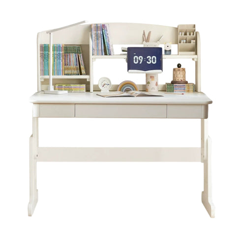 Beech Solid Wood Adjustable White Study Desk for Children & Students with Lift Height & Storage