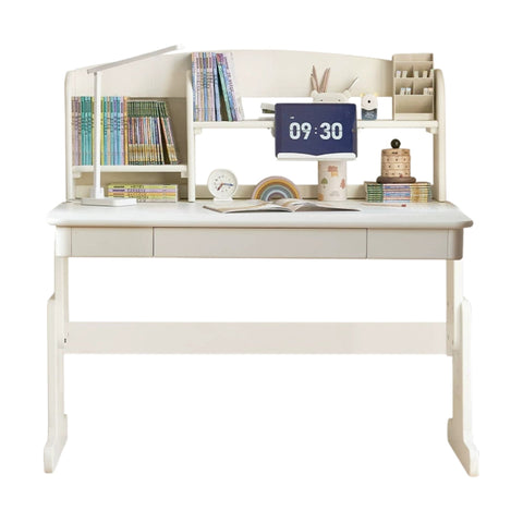 Beech Solid Wood Adjustable White Study Desk for Children & Students with Lift Height & Storage