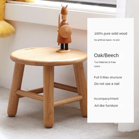 Oak & Beech Solid Wood Small Stool Nordic Round Design Natural Colors for Kids & Home
