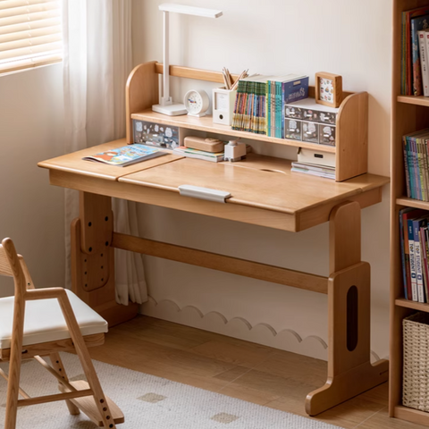 European Beech Solid Wood Adjustable Kids Study Desk Natural Finish Liftable Writing Table