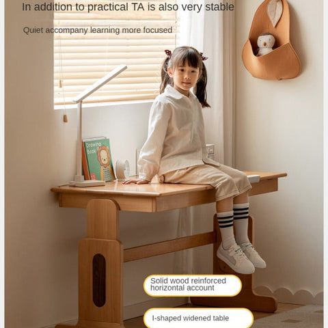 European Beech Solid Wood Adjustable Kids Study Desk Natural Finish Liftable Writing Table