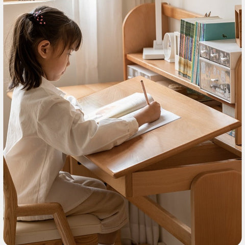 European Beech Solid Wood Adjustable Kids Study Desk Natural Finish Liftable Writing Table