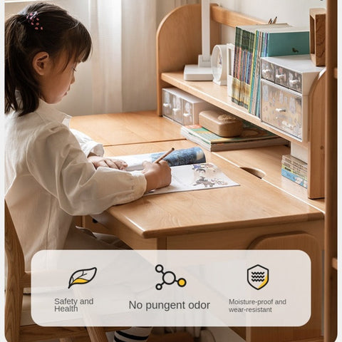 European Beech Solid Wood Adjustable Kids Study Desk Natural Finish Liftable Writing Table