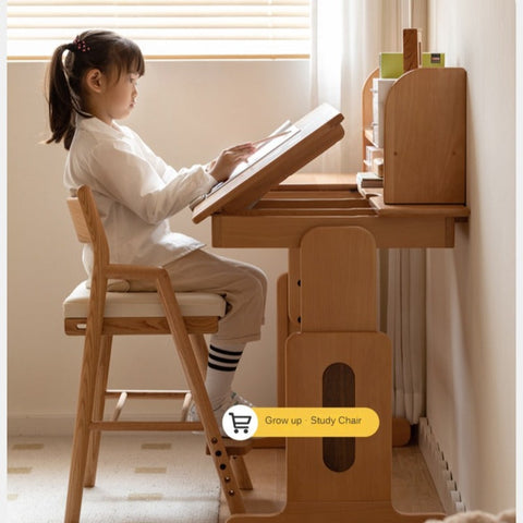 European Beech Solid Wood Adjustable Kids Study Desk Natural Finish Liftable Writing Table