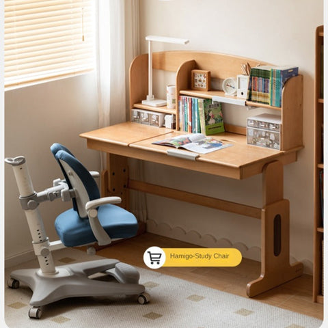 European Beech Solid Wood Adjustable Kids Study Desk Natural Finish Liftable Writing Table