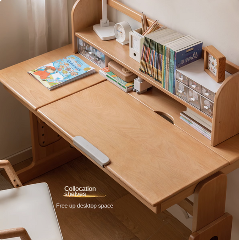 European Beech Solid Wood Adjustable Kids Study Desk Natural Finish Liftable Writing Table