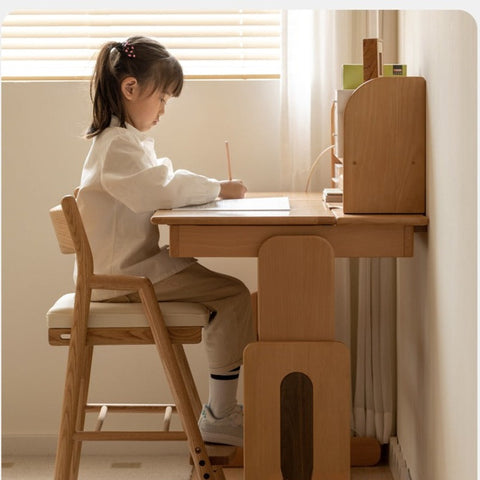 European Beech Solid Wood Adjustable Kids Study Desk Natural Finish Liftable Writing Table