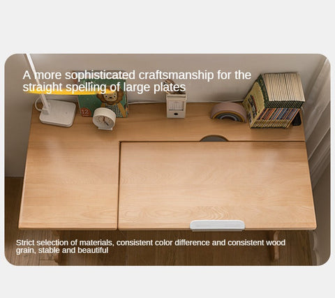 European Beech Solid Wood Adjustable Kids Study Desk Natural Finish Liftable Writing Table