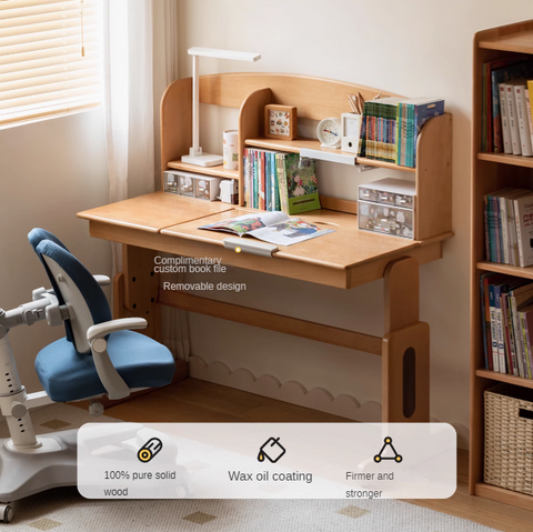 European Beech Solid Wood Adjustable Kids Study Desk Natural Finish Liftable Writing Table