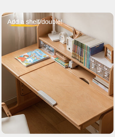 European Beech Solid Wood Adjustable Kids Study Desk Natural Finish Liftable Writing Table