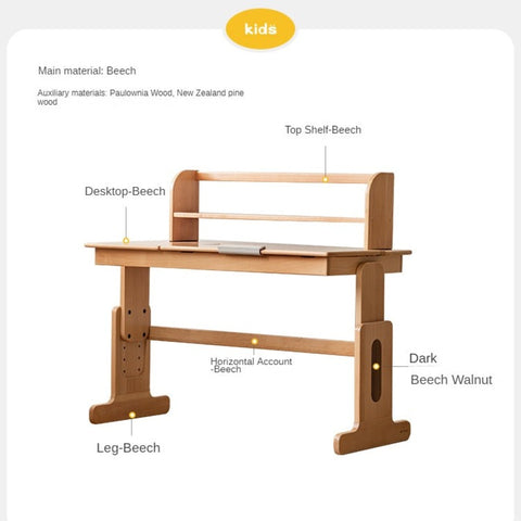European Beech Solid Wood Adjustable Kids Study Desk Natural Finish Liftable Writing Table