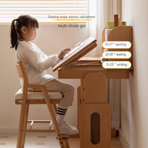 European Beech Solid Wood Adjustable Kids Study Desk Natural Finish Liftable Writing Table
