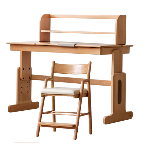 European Beech Solid Wood Adjustable Kids Study Desk Natural Finish Liftable Writing Table