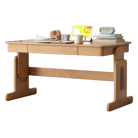 European Beech Solid Wood Adjustable Kids Study Desk Natural Finish Liftable Writing Table
