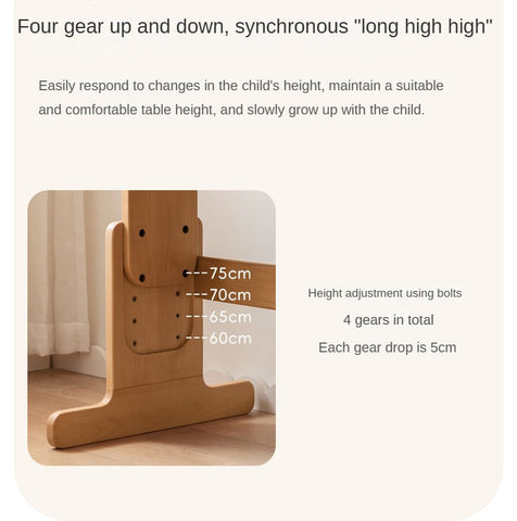 Beech Solid Wood Adjustable Height Kids Desk Natural Finish Study Table with Storage