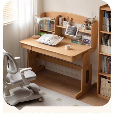 Beech Solid Wood Adjustable Height Kids Desk Natural Finish Study Table with Storage