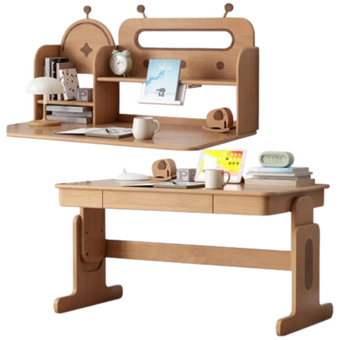 Beech Solid Wood Adjustable Height Kids Desk Natural Finish Study Table with Storage