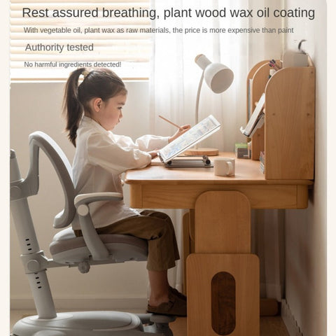 Beech Solid Wood Adjustable Height Kids Desk Natural Finish Study Table with Storage