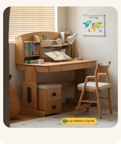 Beech Solid Wood Adjustable Height Kids Desk Natural Finish Study Table with Storage