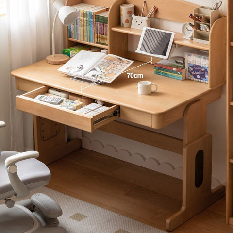 Beech Solid Wood Adjustable Height Kids Desk Natural Finish Study Table with Storage